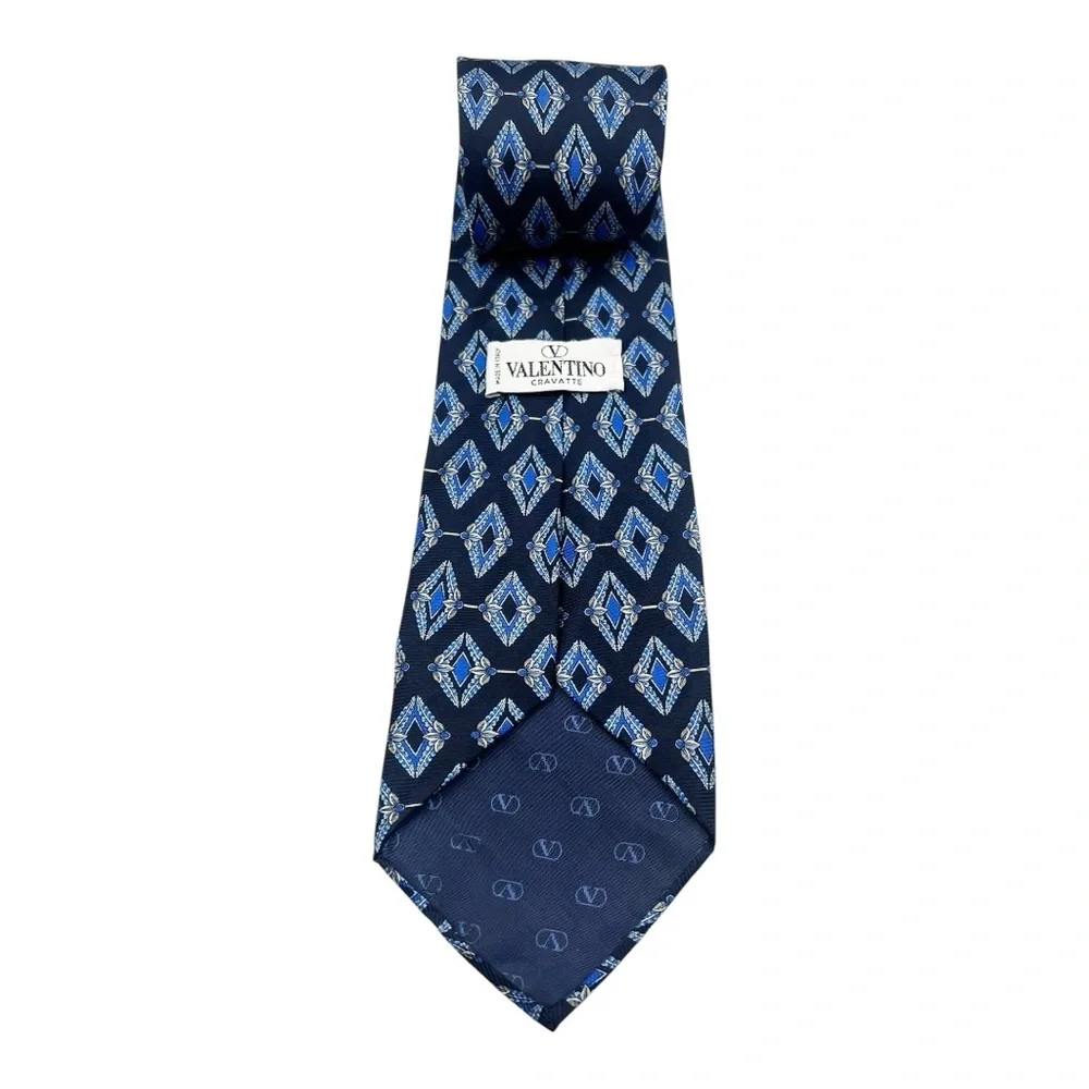 Valentino Navy Blue Diamond Print‎ Silk Tie